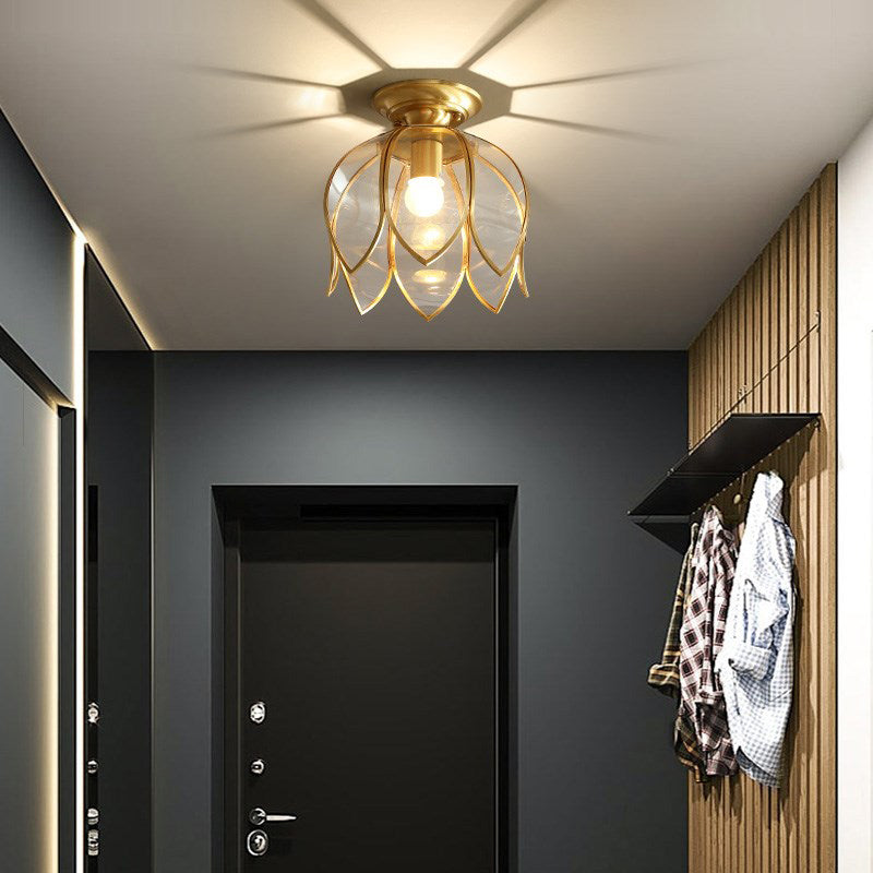 Plafondlamp Lotusvormig Glas Koloniaal Messing 23 cm Gang Entree Hal Klassieke Plafonnier Plafondverlichting E27 | Sulvida