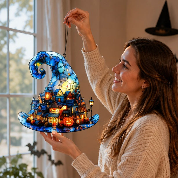 Acryl Raamhanger Heksenhoed Pompoendorp Halloween Decoratie voor Raam Slaapkamer Woonkamer Feestdecoratie | Sulvida