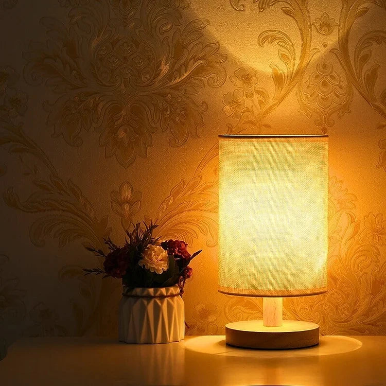 Natuurlijke Tafellamp Hout & Linnen 3 Lichtmodi Dimbaar LED met Afstandsbediening 14 × 28 cm Sfeerlamp | Sulvida