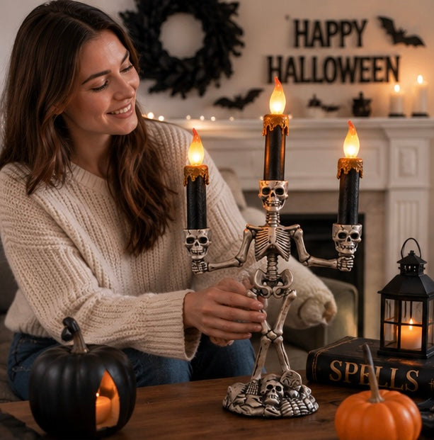 Schedel Kandelaar met LED Kaars Goud Rood Zilver Halloween Gothic Decoratie Sfeerverlichting Tafel Woonkamer | Sulvida