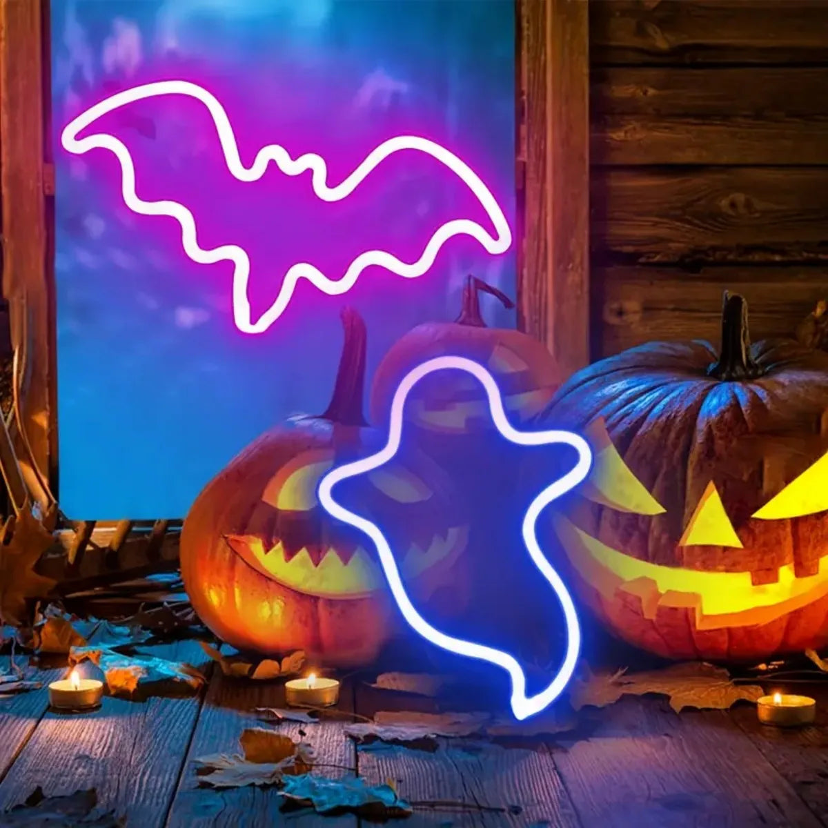 LED Neonlamp Vleermuis en Spook – Feestelijke Tafellamp voor Halloween en Themadecoratie Binnen Buiten | Sulvida