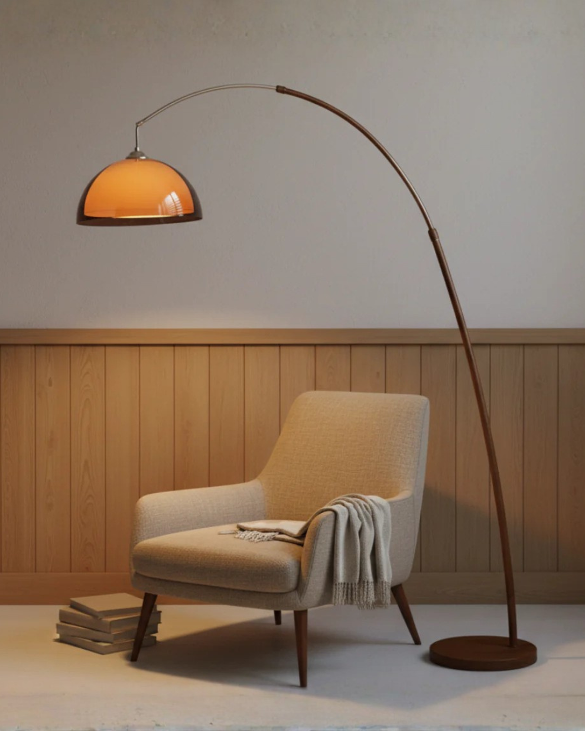 Staande Boogvormige Leeslamp met Verstelbare Arm en Amber Koepelkap voor Modern Interieur Woonkamer Sfeer | Sulvida