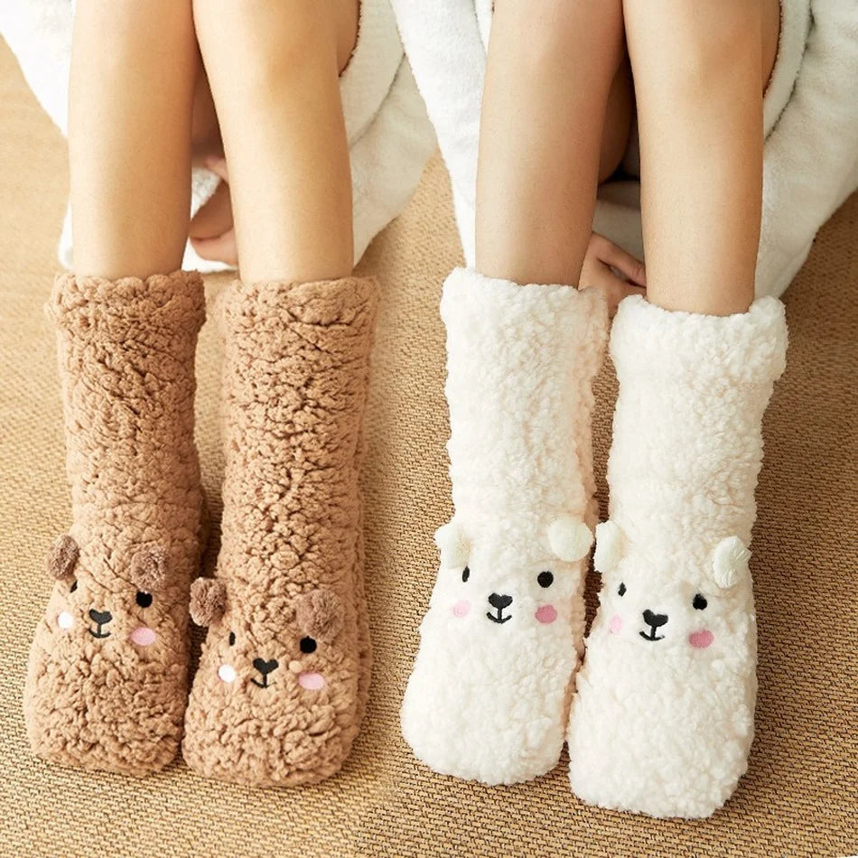 Zachte Warme Sokken met Berenprint Antislip Fluffy Pluche Huissokken Winter Dames Heren Comfortabel Thuis | Sulvida