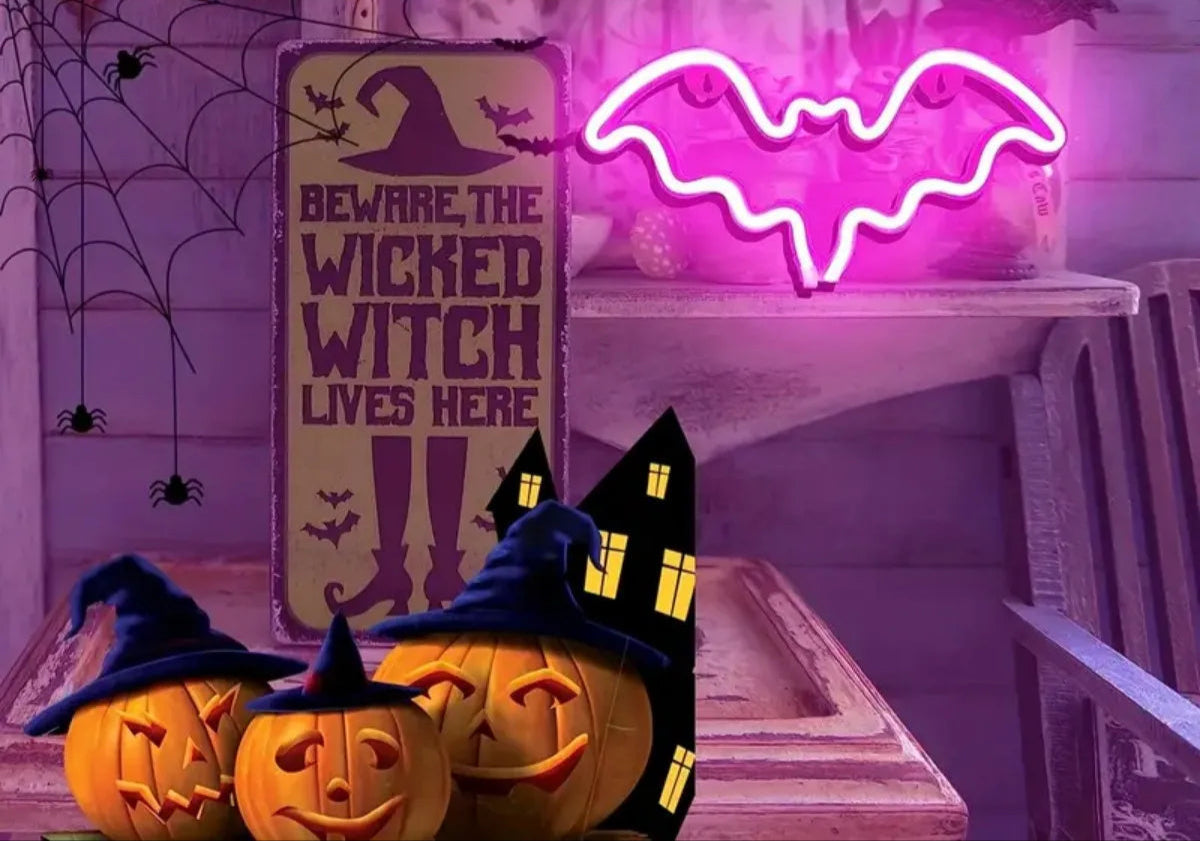 LED Neonlamp Vleermuis en Spook – Feestelijke Tafellamp voor Halloween en Themadecoratie Binnen Buiten | Sulvida