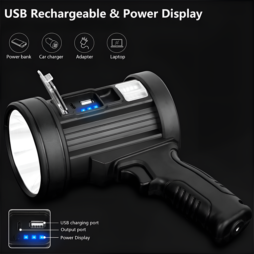 Lampe torche LED rechargeable 100000 lumens, lumière blanche, bleue et rouge, résistante aux intempéries, éclairage d’urgence, plein air, camping | Sulvida