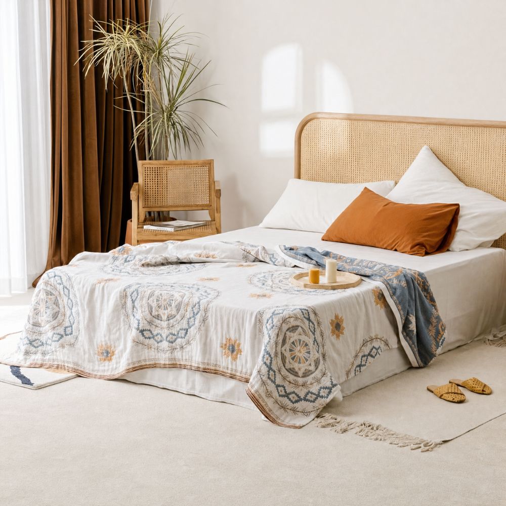 Katoenen Plaid met Mandalapatroon Naturel 150×200 Bohemian Deken Woonkamer Bank Sofa Picknick Decoratie | Sulvida