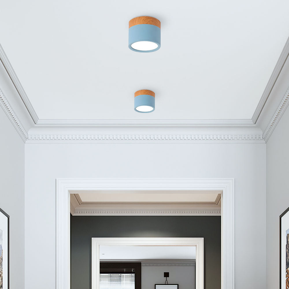 Compacte plafondspot aluminium hout rond warm wit LED verlichting hal woonkamer eetkamer modern Scandinavisch | Sulvida