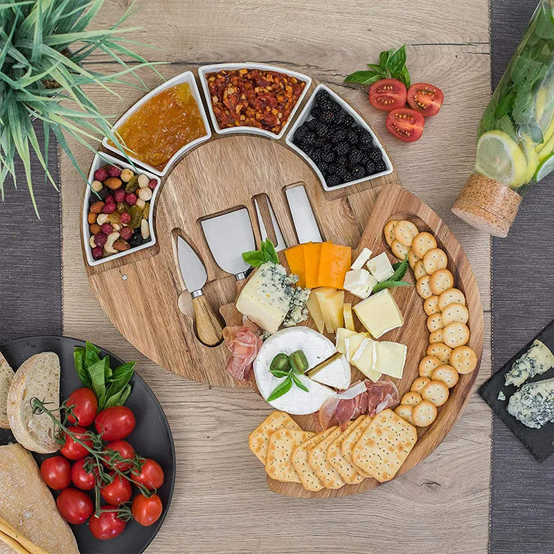 Serveerplank Rond Acaciahout 33cm met Kommen Messen Kaasplank Tapasschaal Hapjesplank Borrelplank Snijplank | Sulvida