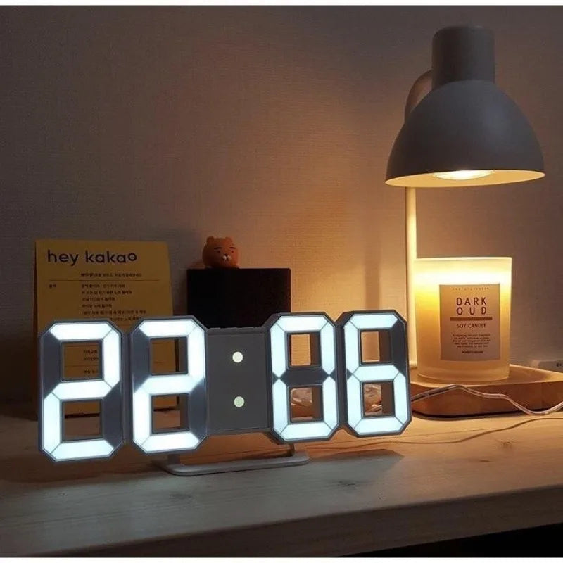 3D LED-klok voor tafel en wand digitale tijdsweergave met helderheidsregeling modern design klokradio wit | Sulvida