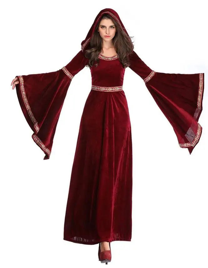 Gotische Fluwelen Vampierjurk met Capuchon Wijd Uitlopende Mouwen Middeleeuws Fantasy Kostuum Verkleedkleding | Sulvida