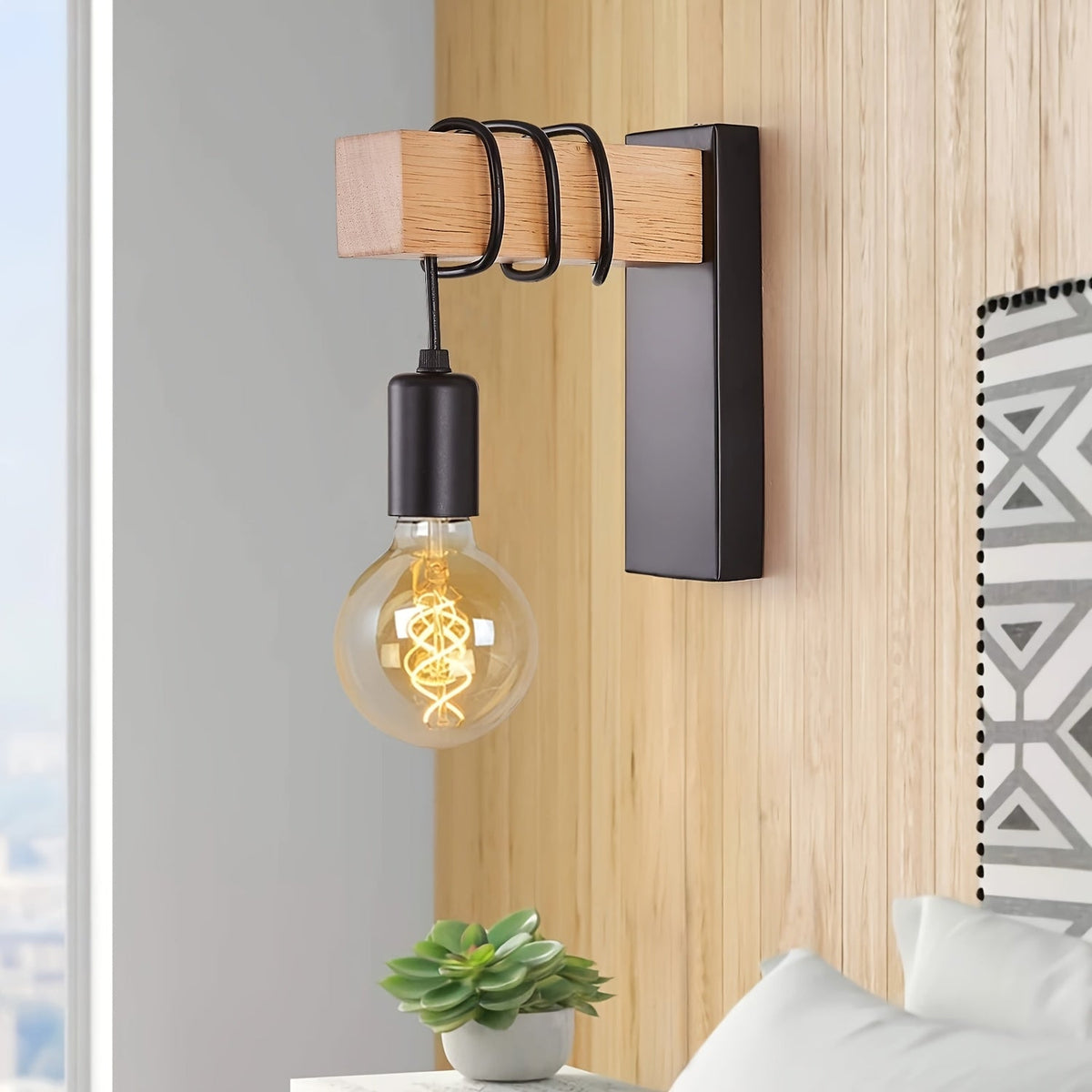 Wandlamp industrieel met hout metaal zwart wit E27 fitting slaapkamer woonkamer hal stijlvol verlichting | Sulvida