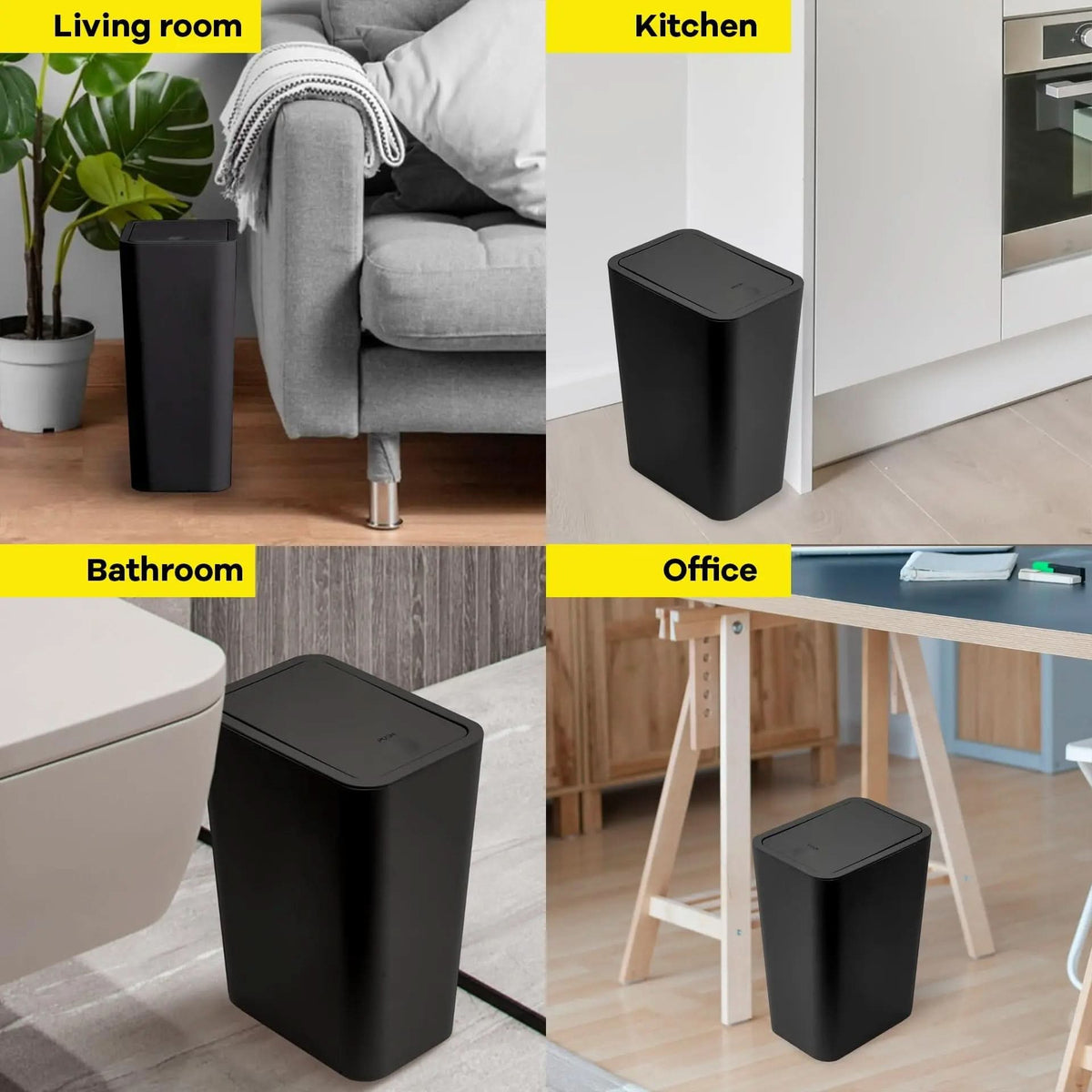 Smalle Afvalemmer 10L met Drukkend Deksel Wit Zwart Grijs Compact Prullenbak voor Badkamer Keuken Kantoor | Sulvida