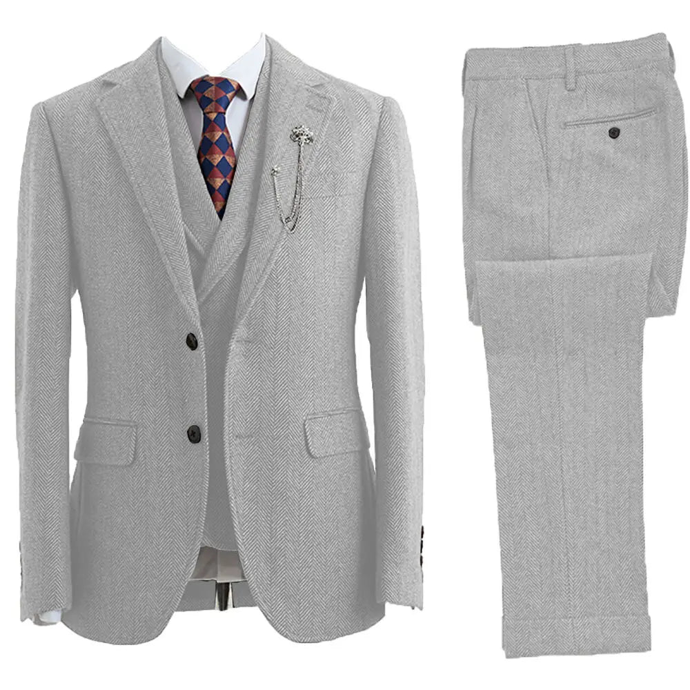 3-delig Visgraatpak voor Heren in Vintage Tweed Bruin Grijs | Elegante Colbert met Vest en Pantalon Set | Sulvida