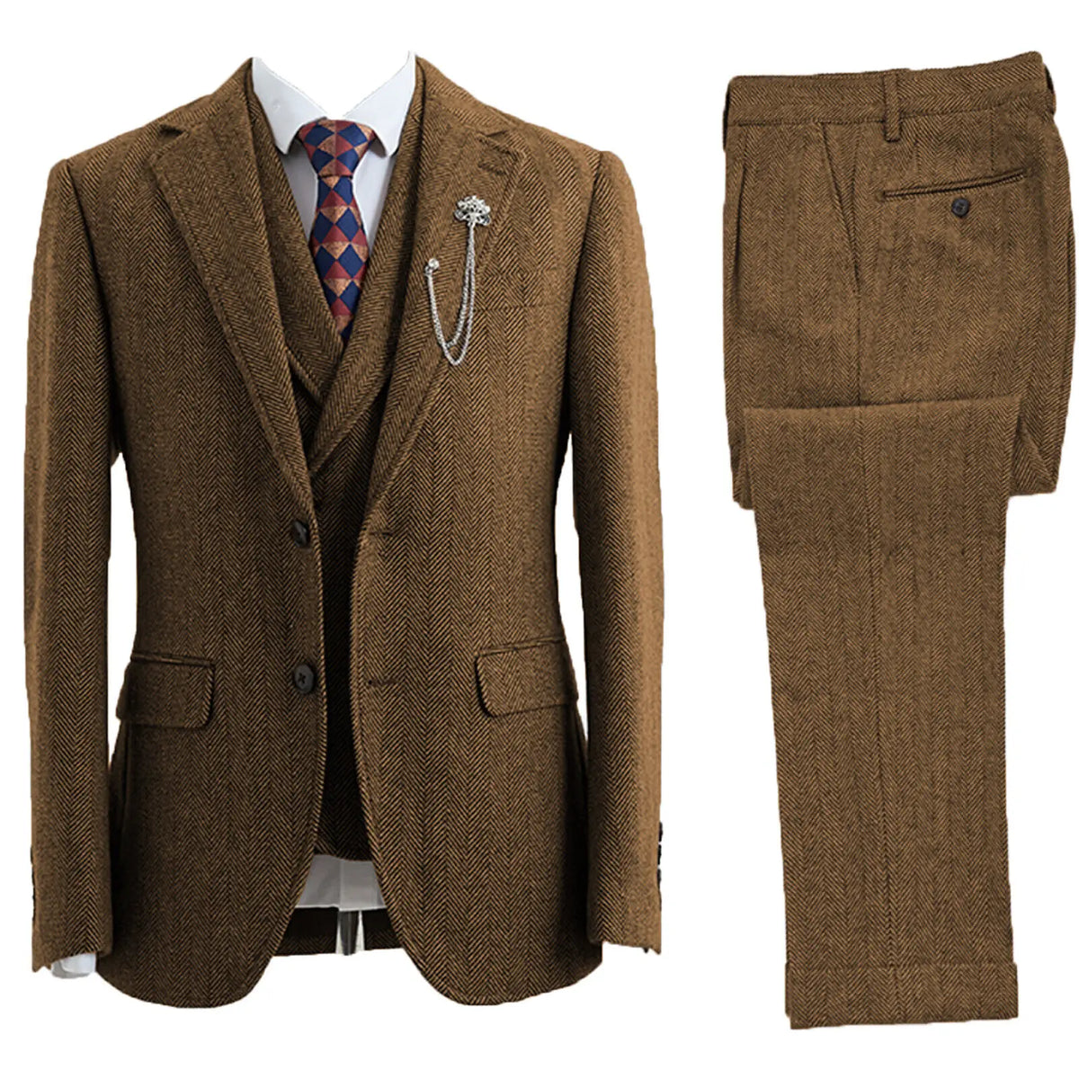 3-delig Visgraatpak voor Heren in Vintage Tweed Bruin Grijs | Elegante Colbert met Vest en Pantalon Set | Sulvida