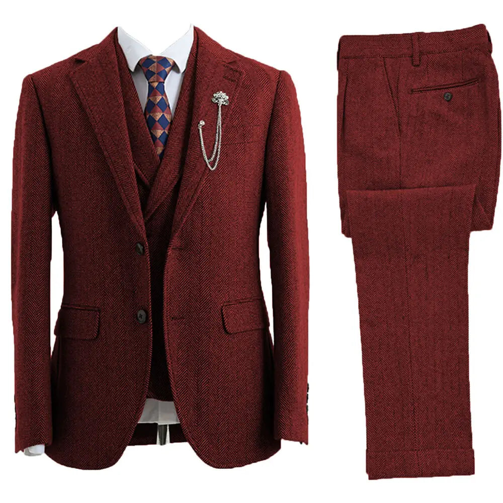 3-delig Visgraatpak voor Heren in Vintage Tweed Bruin Grijs | Elegante Colbert met Vest en Pantalon Set | Sulvida