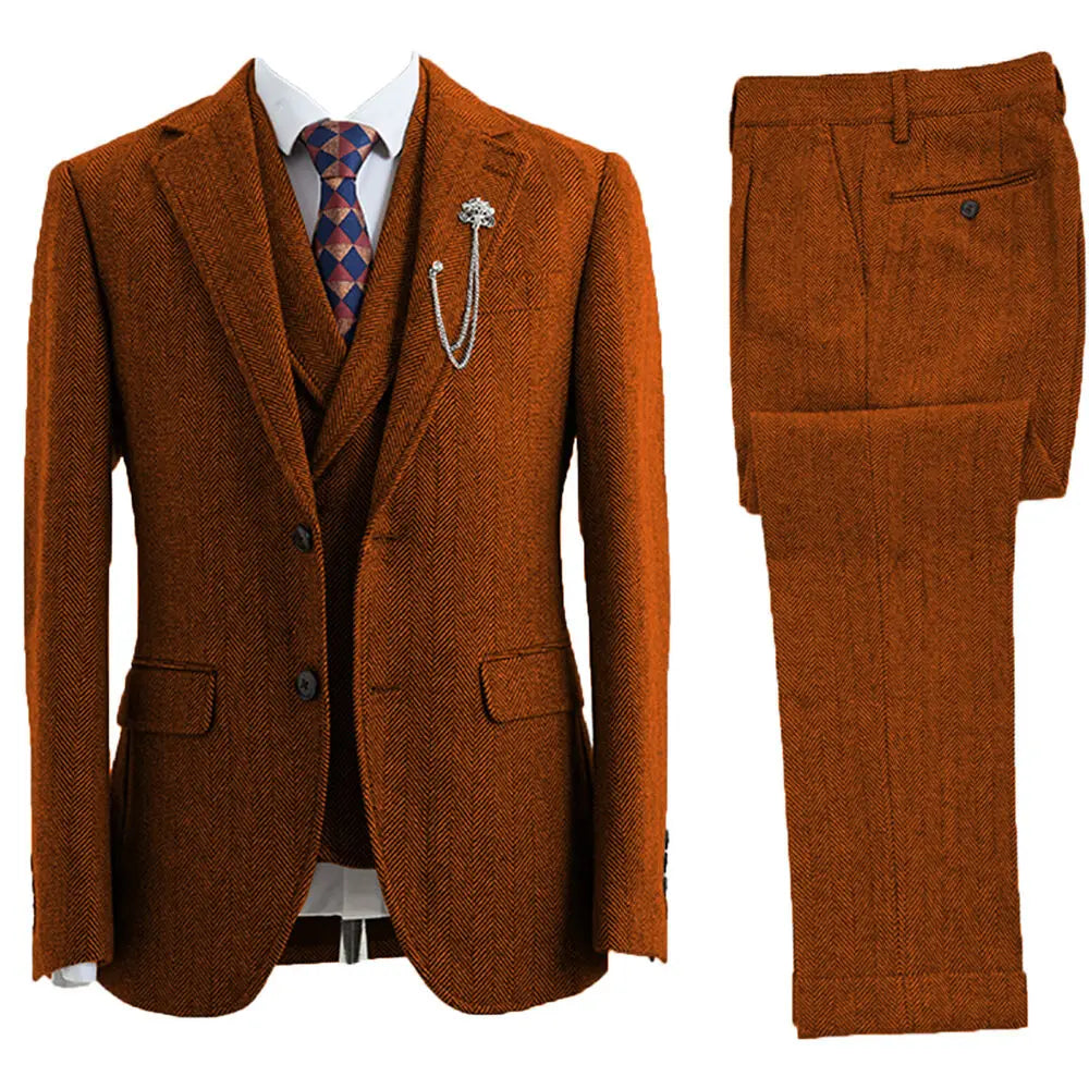 3-delig Visgraatpak voor Heren in Vintage Tweed Bruin Grijs | Elegante Colbert met Vest en Pantalon Set | Sulvida
