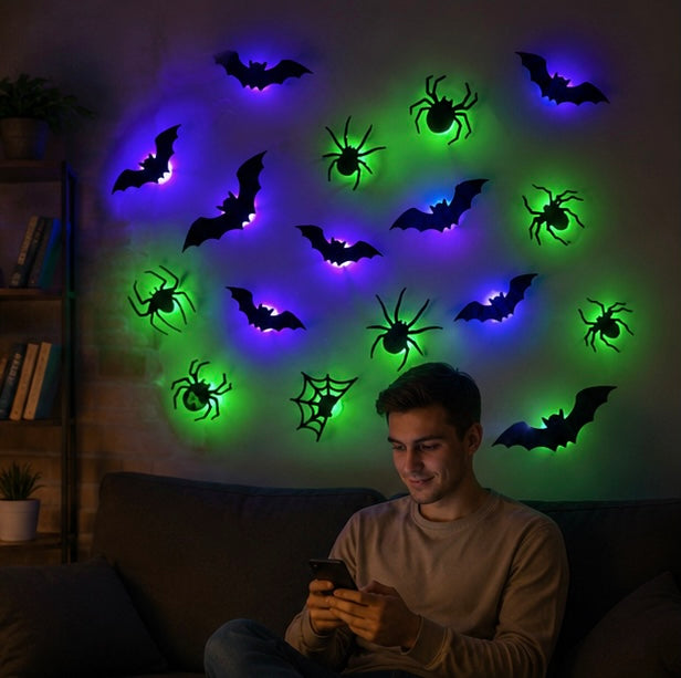 Lichtgevende 3D Vleermuisstickers met LED Verlichting Wanddecoratie Halloween Feest Decoratie Binnen Buiten | Sulvida