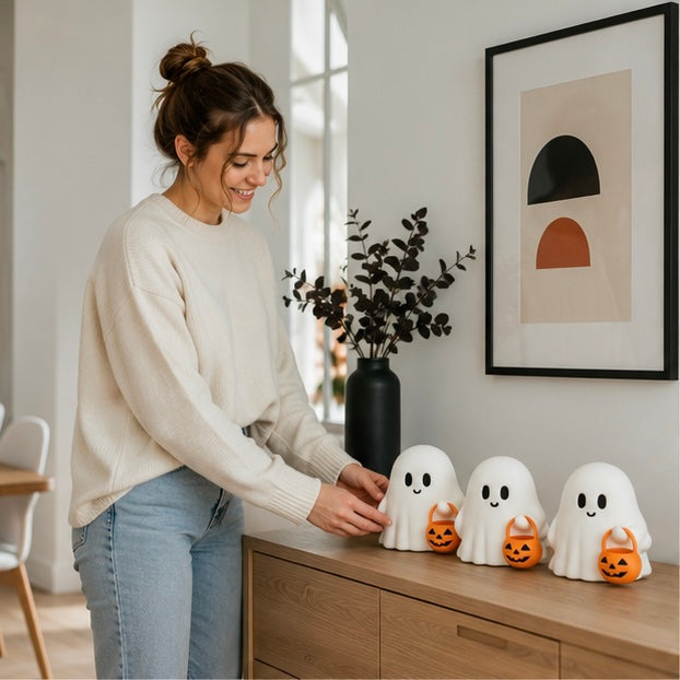 Spookjes Decoratieset Halloween - 3 Schattige Geesten met Pompoen - Herfsttafel Decoratie Herfst Sfeer | Sulvida