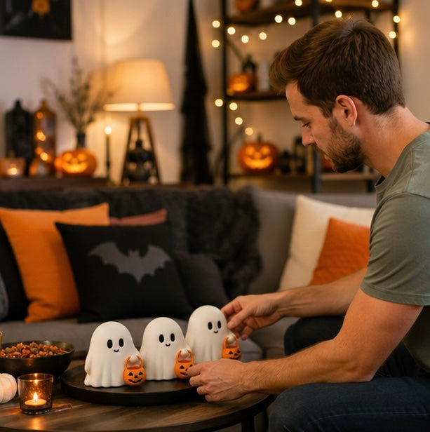 Spookjes Decoratieset Halloween - 3 Schattige Geesten met Pompoen - Herfsttafel Decoratie Herfst Sfeer | Sulvida