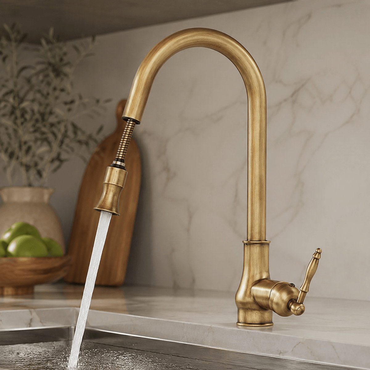 Uittrekbare keukenkraan massief messing met flexibele handdouche voor spoelen vullen reinigen keuken | Sulvida