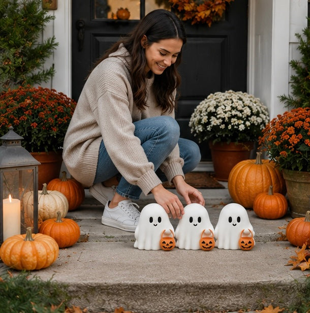 Spookjes Decoratieset Halloween - 3 Schattige Geesten met Pompoen - Herfsttafel Decoratie Herfst Sfeer | Sulvida