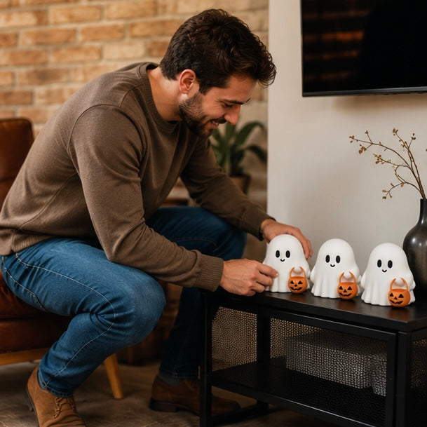 Spookjes Decoratieset Halloween - 3 Schattige Geesten met Pompoen - Herfsttafel Decoratie Herfst Sfeer | Sulvida