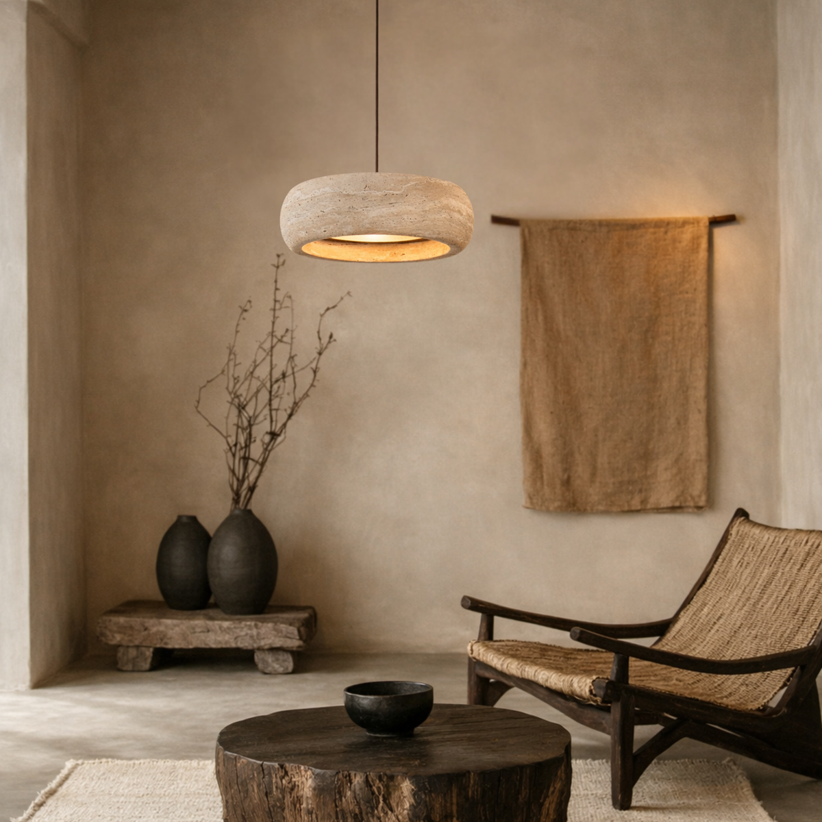 Travertin Hanglamp Rond Natuursteen Mediterraan Design Eetkamer Slaapkamer Woonkamer Warm Licht LED Sfeerlamp | Sulvida