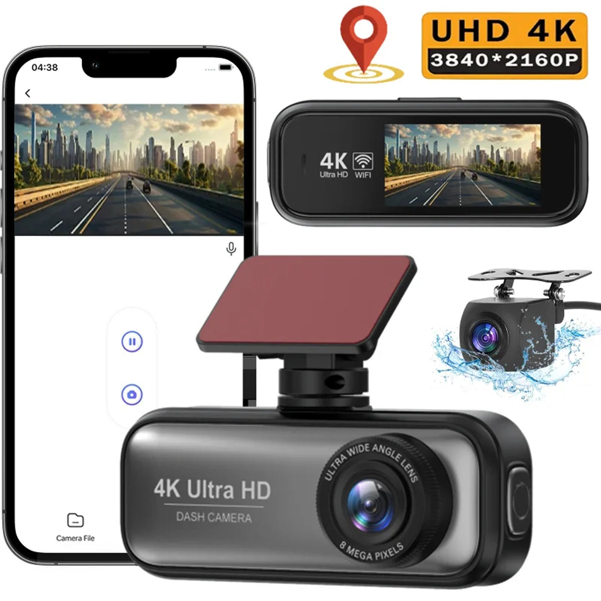 Dashcam 4K voor- en achter WiFi GPS 24/7 parkeerfunctie Sony-sensor nachtzicht dubbele camera auto dashboardcamera | Sulvida