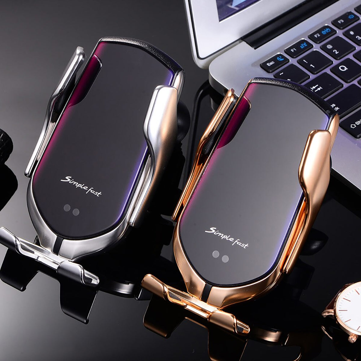 Automatische Smartphonehouder voor Auto met Draadloze Oplaadmodule Ventilatierooster 360° Zwenkbaar Zilver Goud | Sulvida
