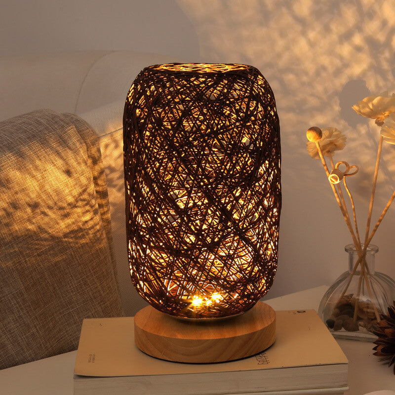 Rotan Tafellamp Japandi Design Hout Metaal Industrieel Sfeerlicht Woonkamer Slaapkamer LED Wooninterieur | Sulvida