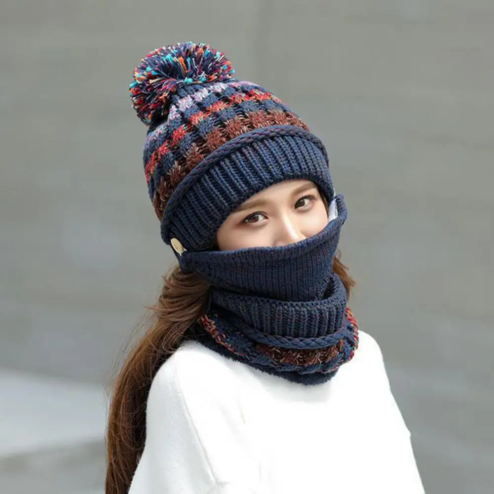 Gebreide Muts Sjaalset met Fluwelen Voering Winteraccessoires Dames Pompom Beanie Warme Hoofdbedekking Sjaal | Sulvida