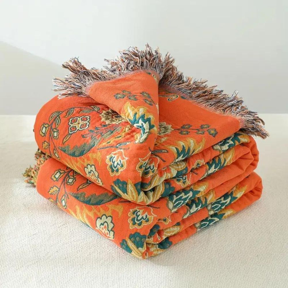 Katoenen Plaid met Vintage Bloempatroon Oranje Turquoise Dubbelzijdig Zacht Bankkleed Picknickdeken Woonkamer | Sulvida