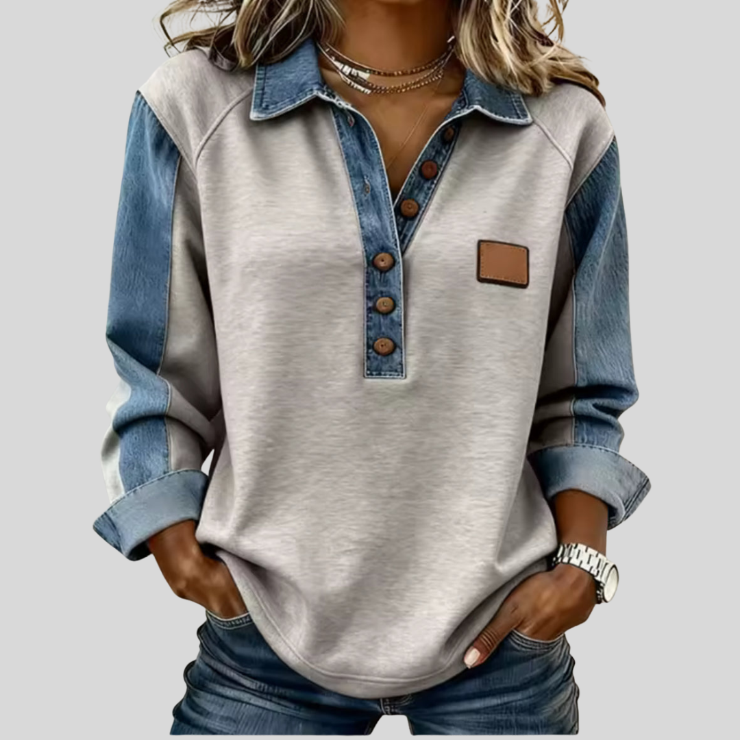 Pull polo pour homme style denim, manches raglan, col contrasté, chemise décontractée à manches longues, gris et noir, style sportif | Sulvida