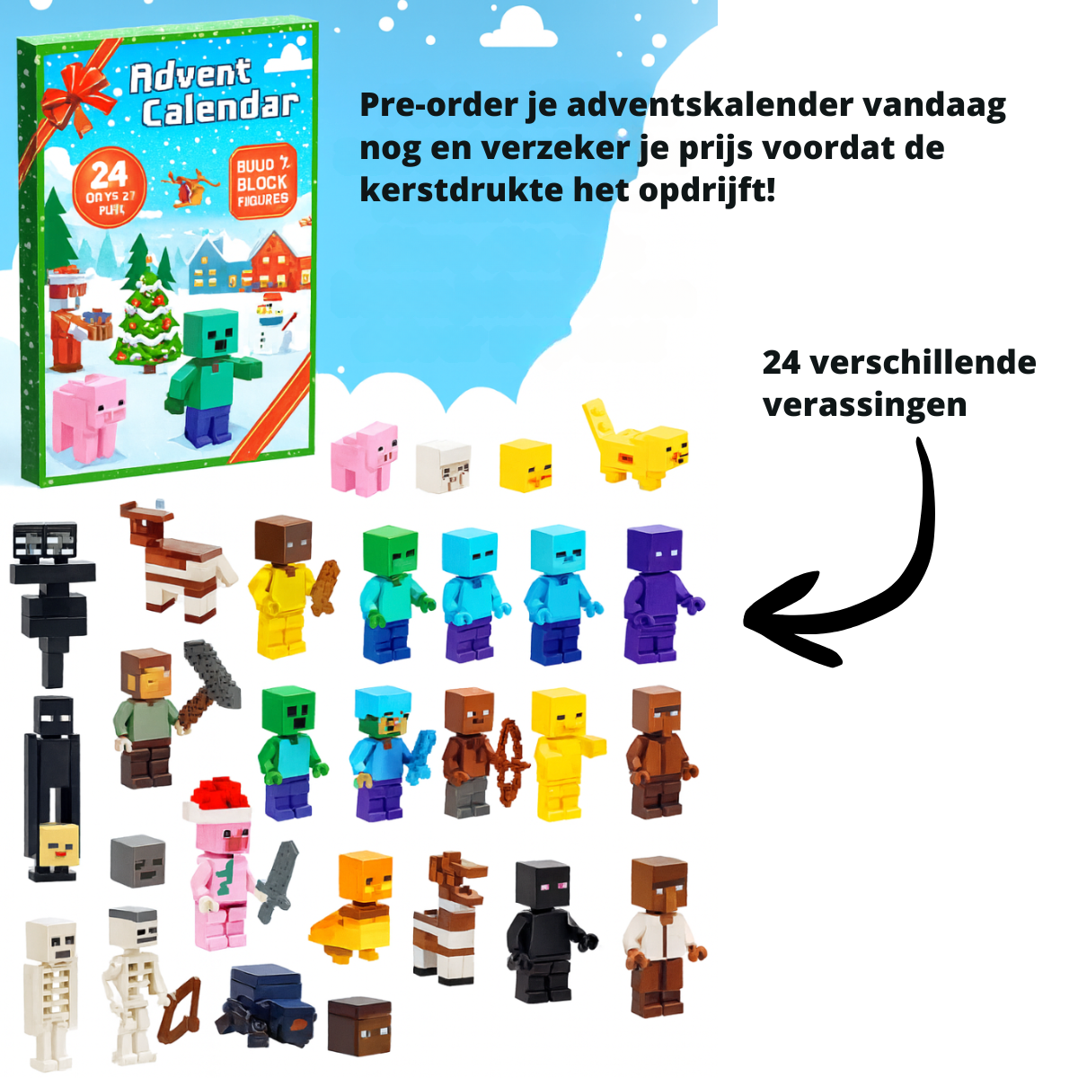 Adventskalender Speelgoedset 24 Verrassingen Blokwereld Verzamelfiguren Kerst Aftellen Kinderen Cadeau | Sulvida