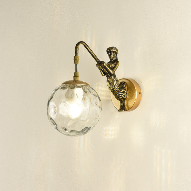 Retro Wandlamp Zeemeermin met Glazen Bol Zwart Goud Brons Landelijke Stijl Vintage Sfeerlicht Verlichting | Sulvida