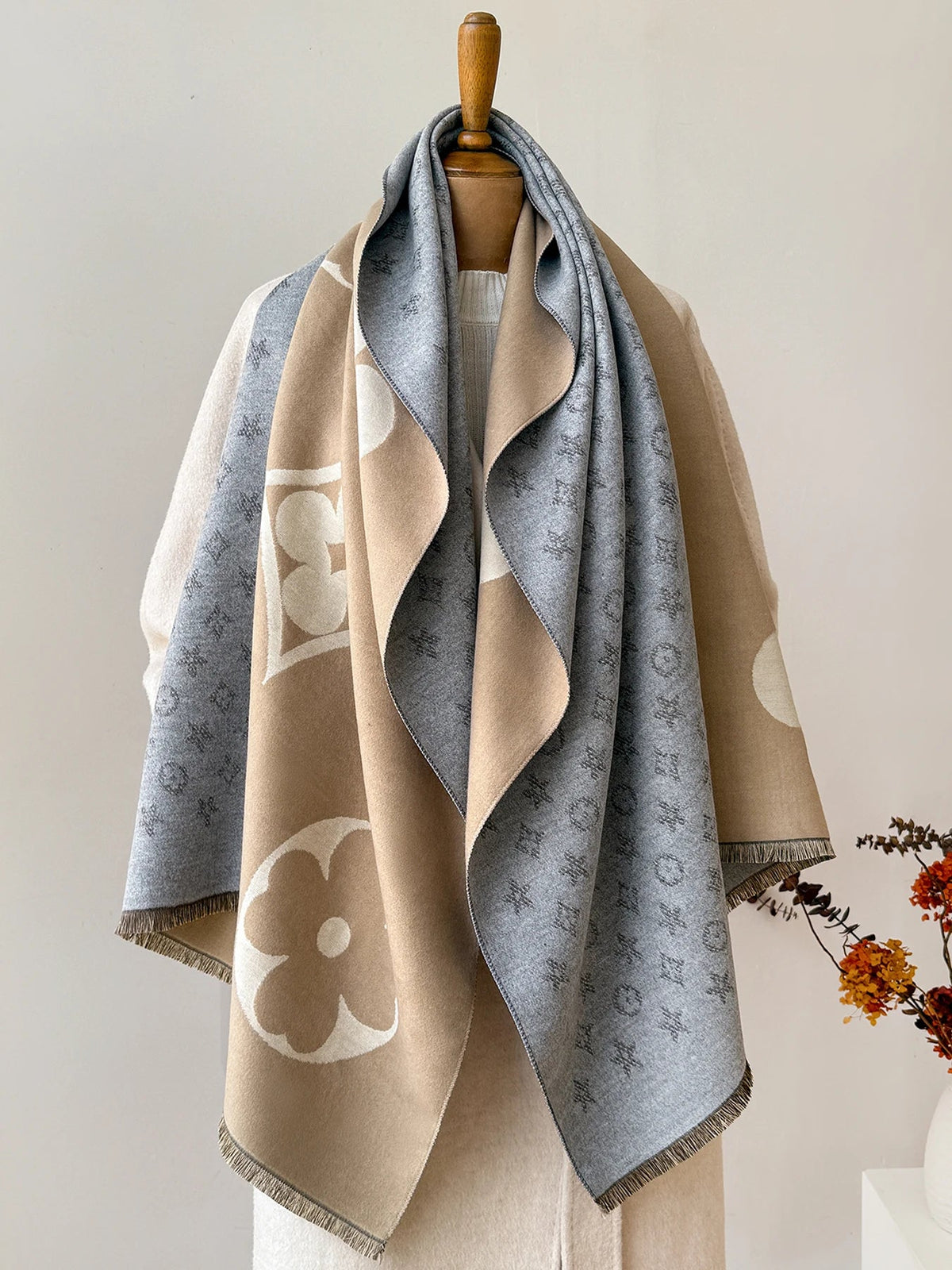 Sjaal Imitatie-Kasjmier Winter Heren Dames Jacquard Patroon Kaki Kameel Koffie 175 cm Warme Halsdoek Wintersjaal | Sulvida