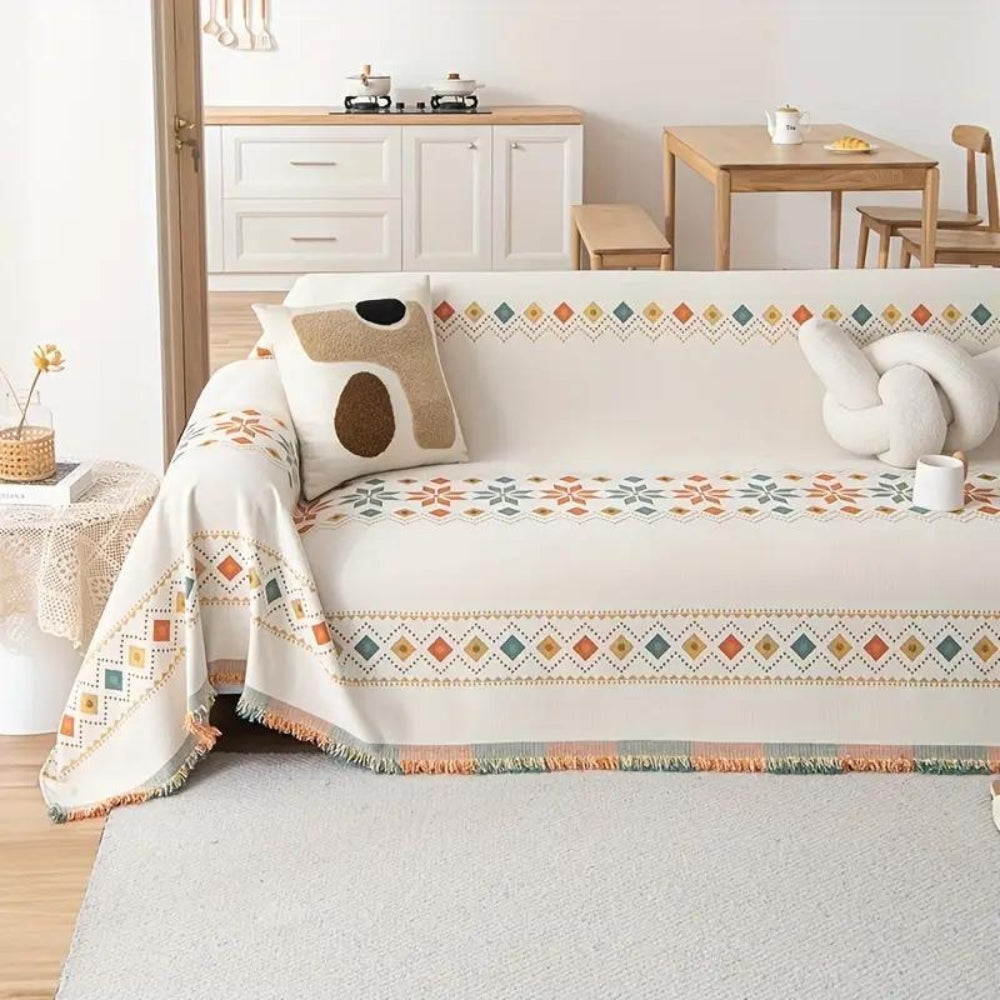 Chenille bankovertrek bohemian stijl anti-slip bescherming met decoratieve kwasten voor 1- 2- 3- 4-zits bank | Sulvida