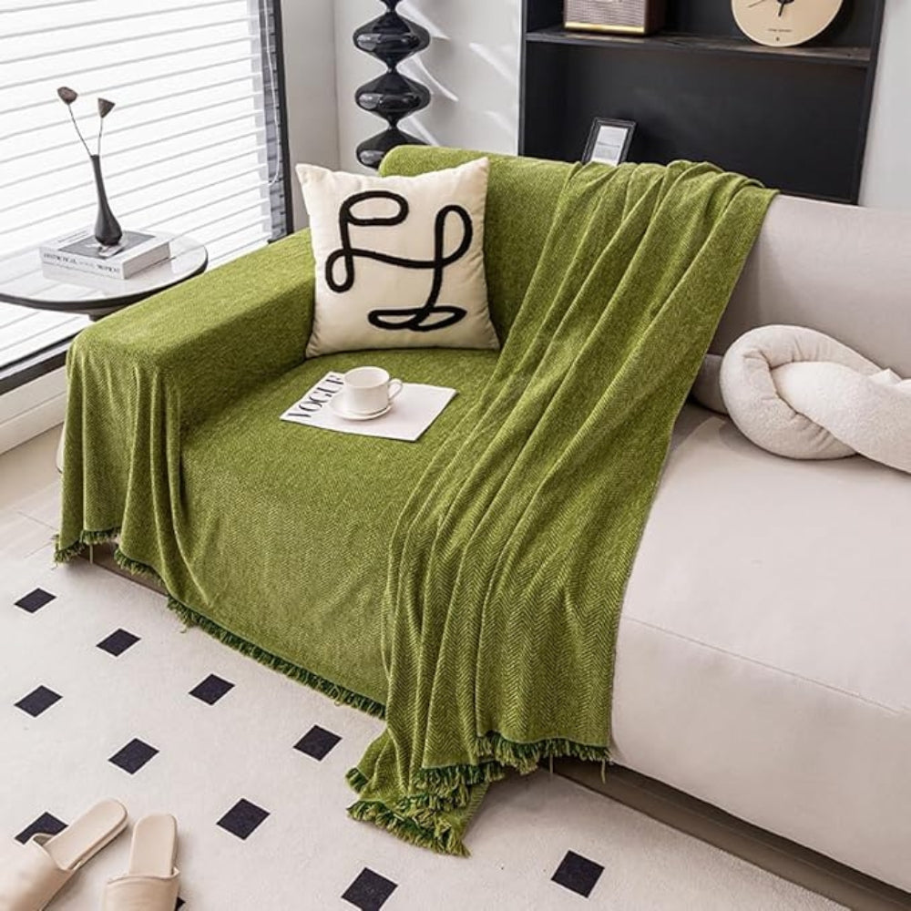 Bankhoes Chenille met Kwastjes Groen Grijs Blauw Oranje Crème Waterafstotend Huisdieren Afwasbaar Duurzaam | Sulvida