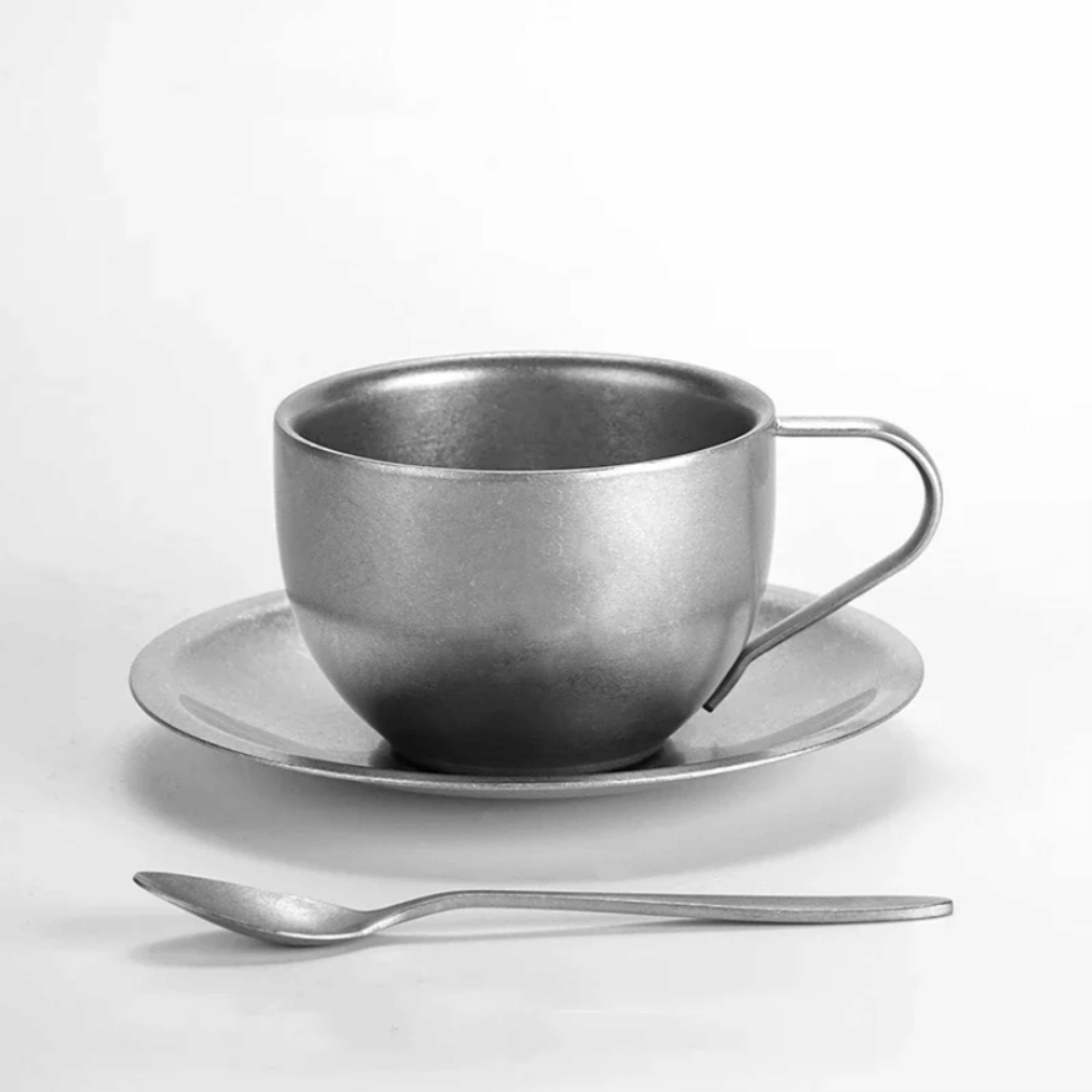 Retro Rvs Koffiekopje met Schotel en Lepel 304 Roestvrij Staal Dubbelwandig Warmte-isolerend Koffieglas | Sulvida