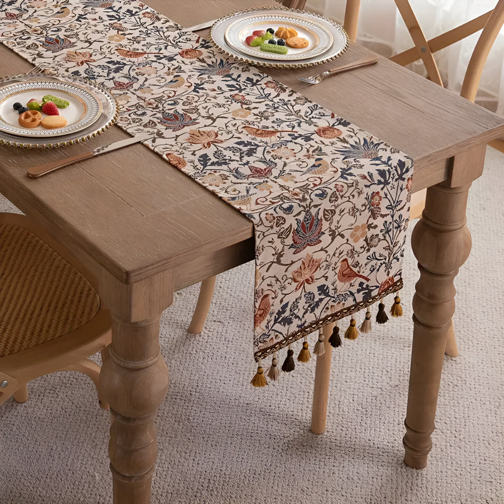 Jacquard Tafelloper met Vintage Vogelmotief en Kwastjes Landelijke Stijl Tafeldecoratie Eettafel Decoratie | Sulvida