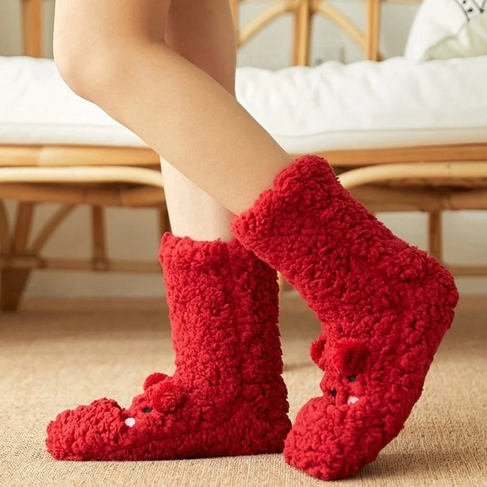 Zachte Warme Sokken met Berenprint Antislip Fluffy Pluche Huissokken Winter Dames Heren Comfortabel Thuis | Sulvida
