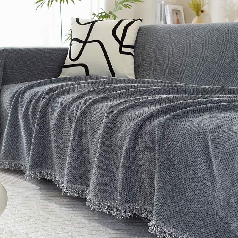 Chenille Plaid Visgraatmotief Franjes Woonkamer Bankovertrek Beschermer Luxe Deken Wit Grijs Decoratief | Sulvida