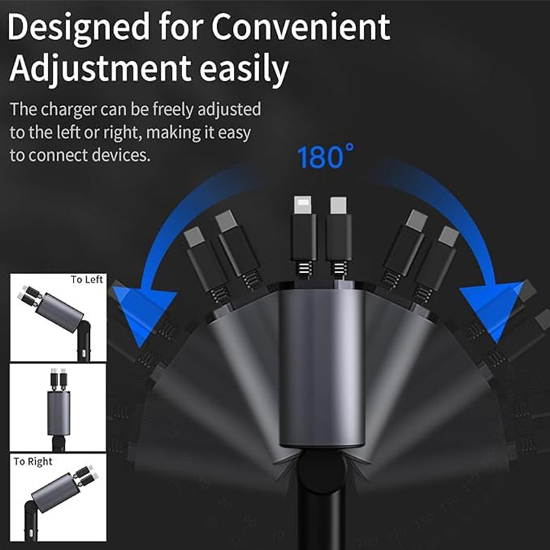 Chargeur de voiture 4-en-1 avec câble rétractable Type-C Lightning, charge rapide, 80cm, universel 12-24V | Sulvida