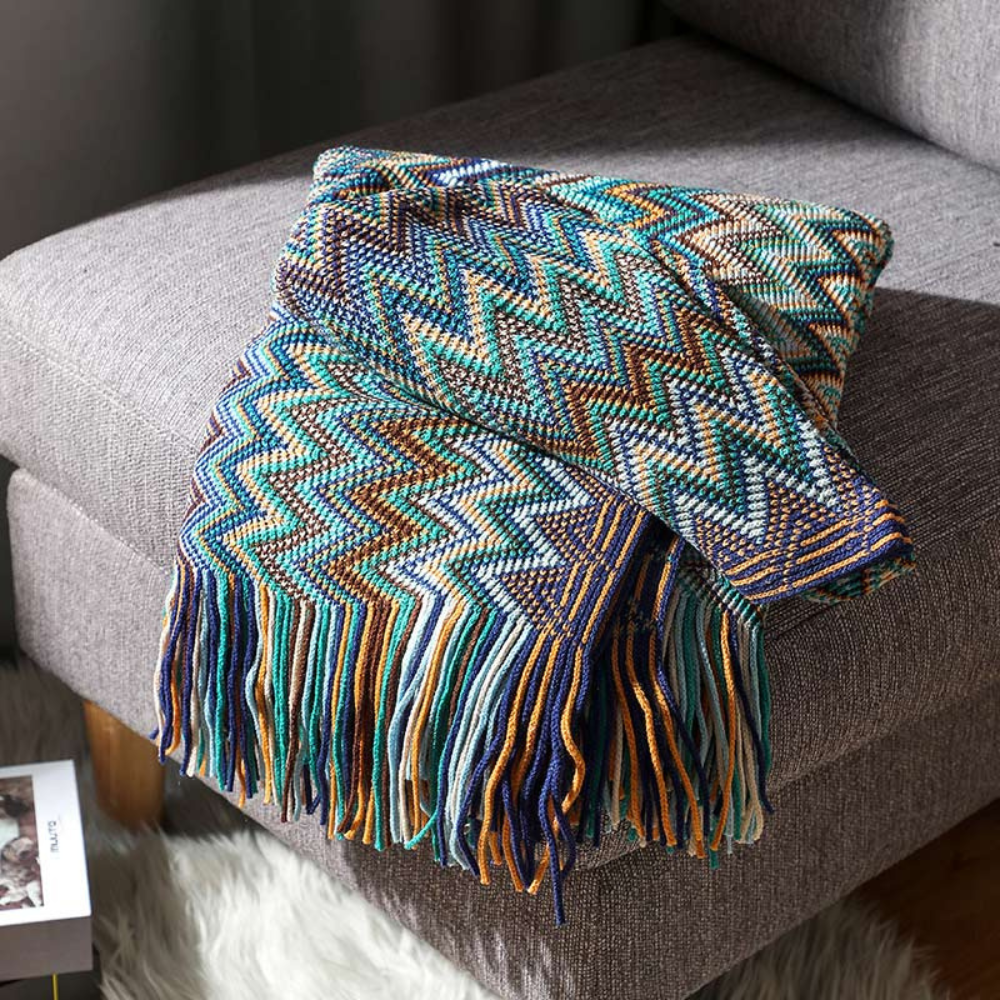 Gebreide plaid met zigzag patroon en franje meerkleurig zacht acryl voor bank bed en decoratie woonkamer | Sulvida