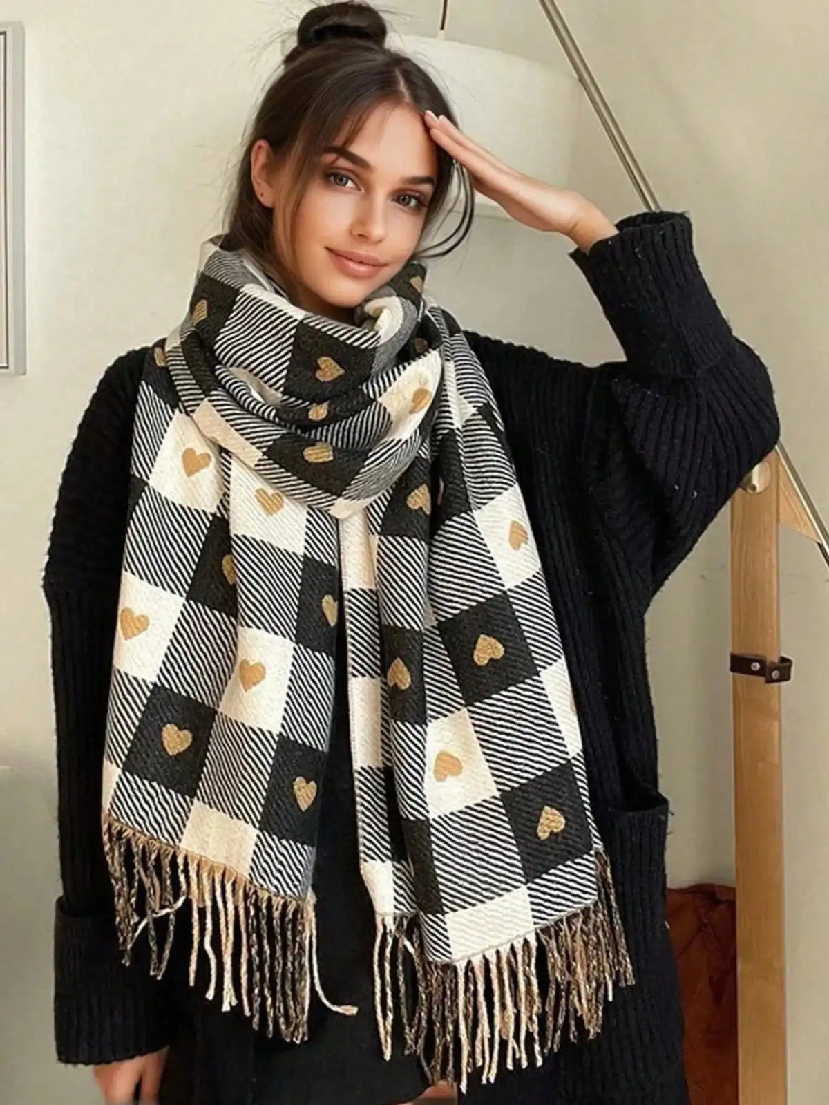 Geruit Wintersjaal Roze Bruin Blauw Hart Checkered Patroon Shawl Omslagdoek Dames Mode Accessoire Warm | Sulvida