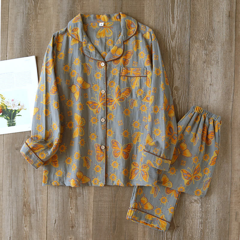 Vintage Vlindermotief Katoenen Loungewear Pyjama Set met Lange Mouwen voor Comfortabele Ontspanning Dames Thuiskleding Nachtkleding Huispak | Sulvida