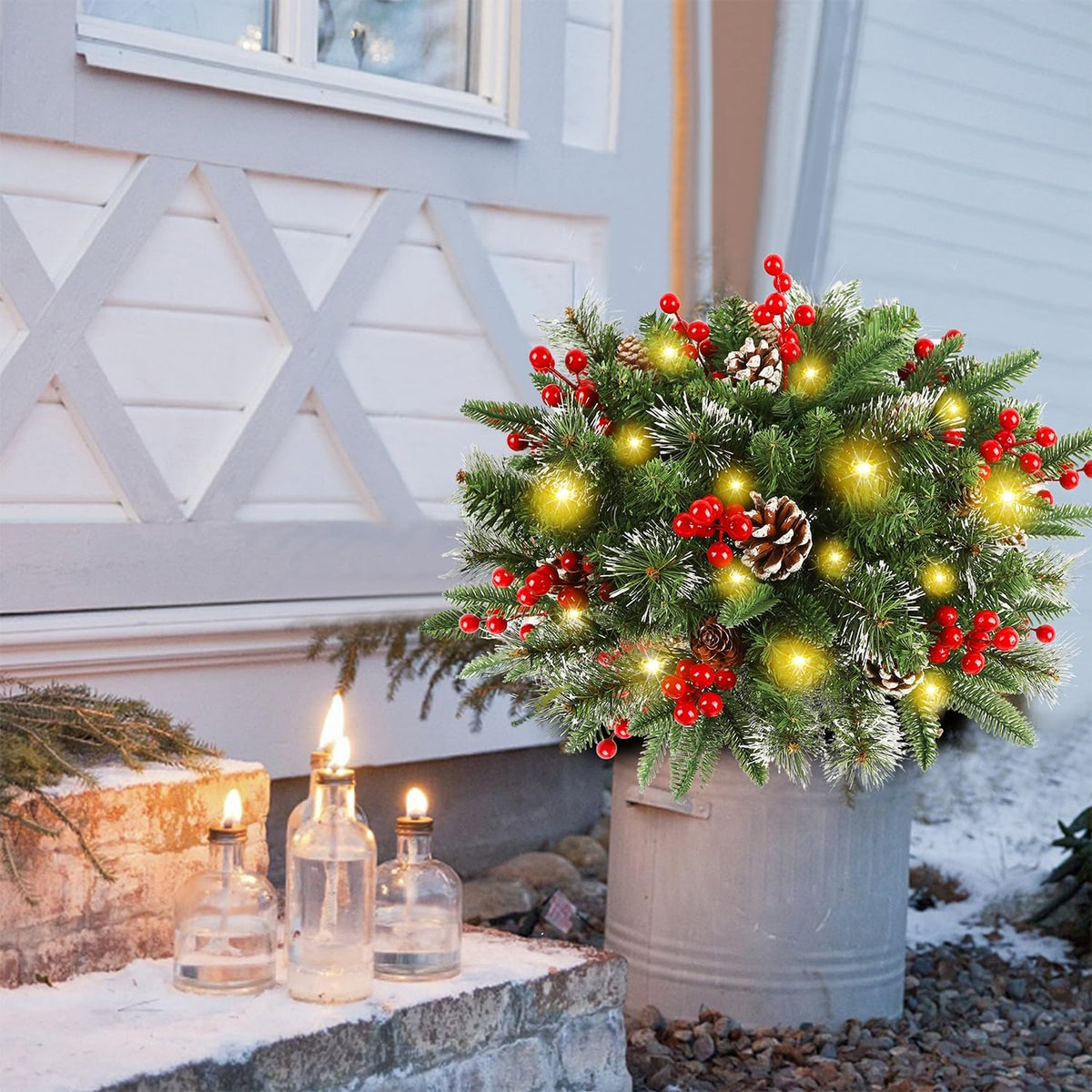 Verlichte Decoratiekrans met LED Batterij Kerstdecoratie Standaard Dennenappels Besjes Binnen Buiten | Sulvida
