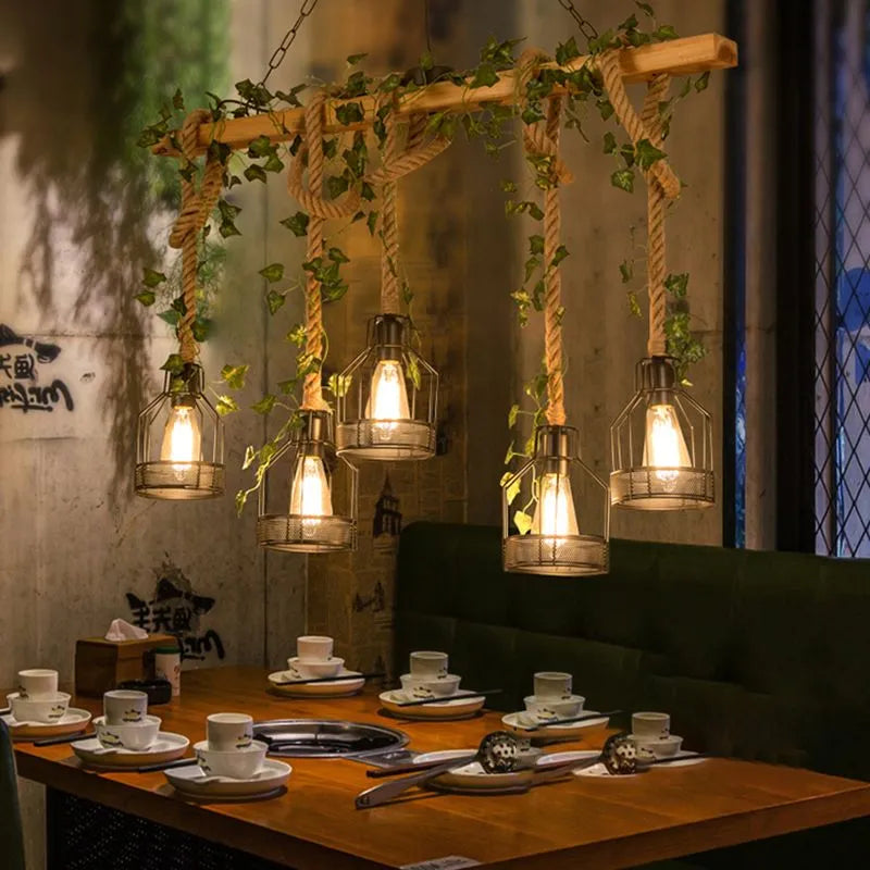 Landelijke Hanglamp met Houten Balk en Metalen Kooien 3 of 5 Lichtpunten voor Eetkamer Woonkamer Keuken | Sulvida