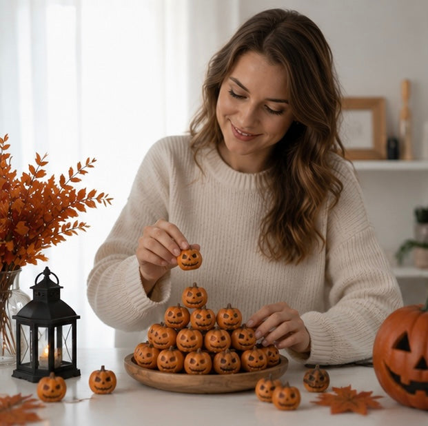 Miniatuur Pompoenen Hars Decoratie Halloween Feest Sfeer Gesneden Gezichtjes Oranje Kunsthars Tafelversiering | Sulvida