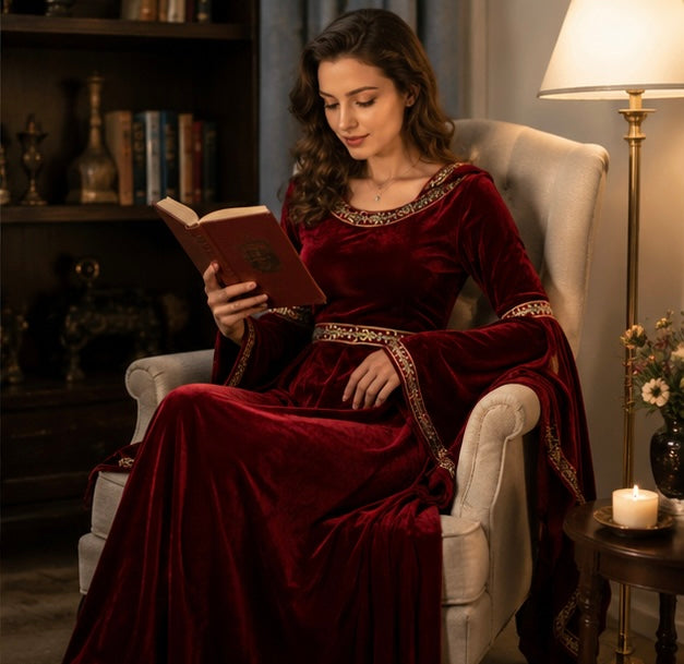 Gotische Fluwelen Vampierjurk met Capuchon Wijd Uitlopende Mouwen Middeleeuws Fantasy Kostuum Verkleedkleding | Sulvida